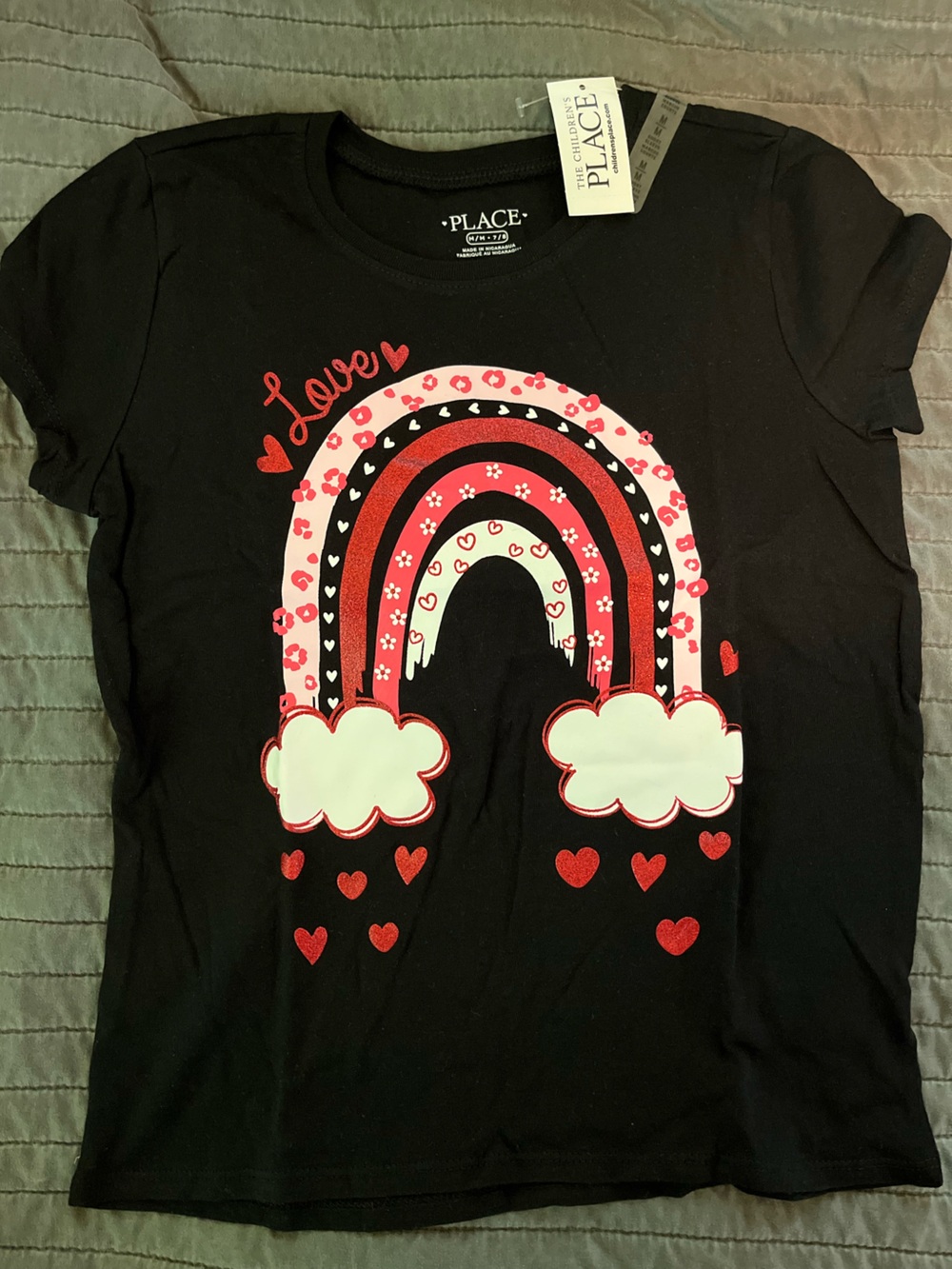 The Children's Place Black Tee with Red, Pink and White Rainbow Heart Graphic